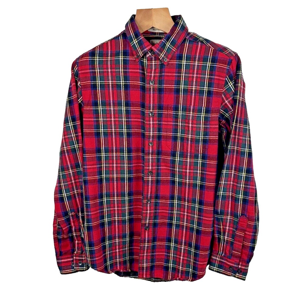 LL Bean Shirt Mens Small Regular Red Plaid Cotton Traditional Fit Button Up‎ VGC